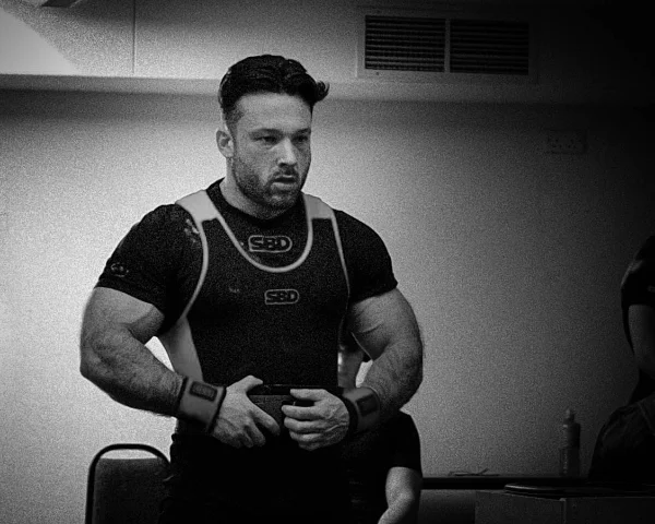 Joe Marshall between attempts at a powerlifting meet